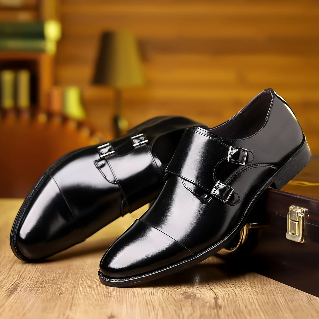 Men's Genuine Leather Double Monk Strap Shoes – Cap Toe Pointed Heel