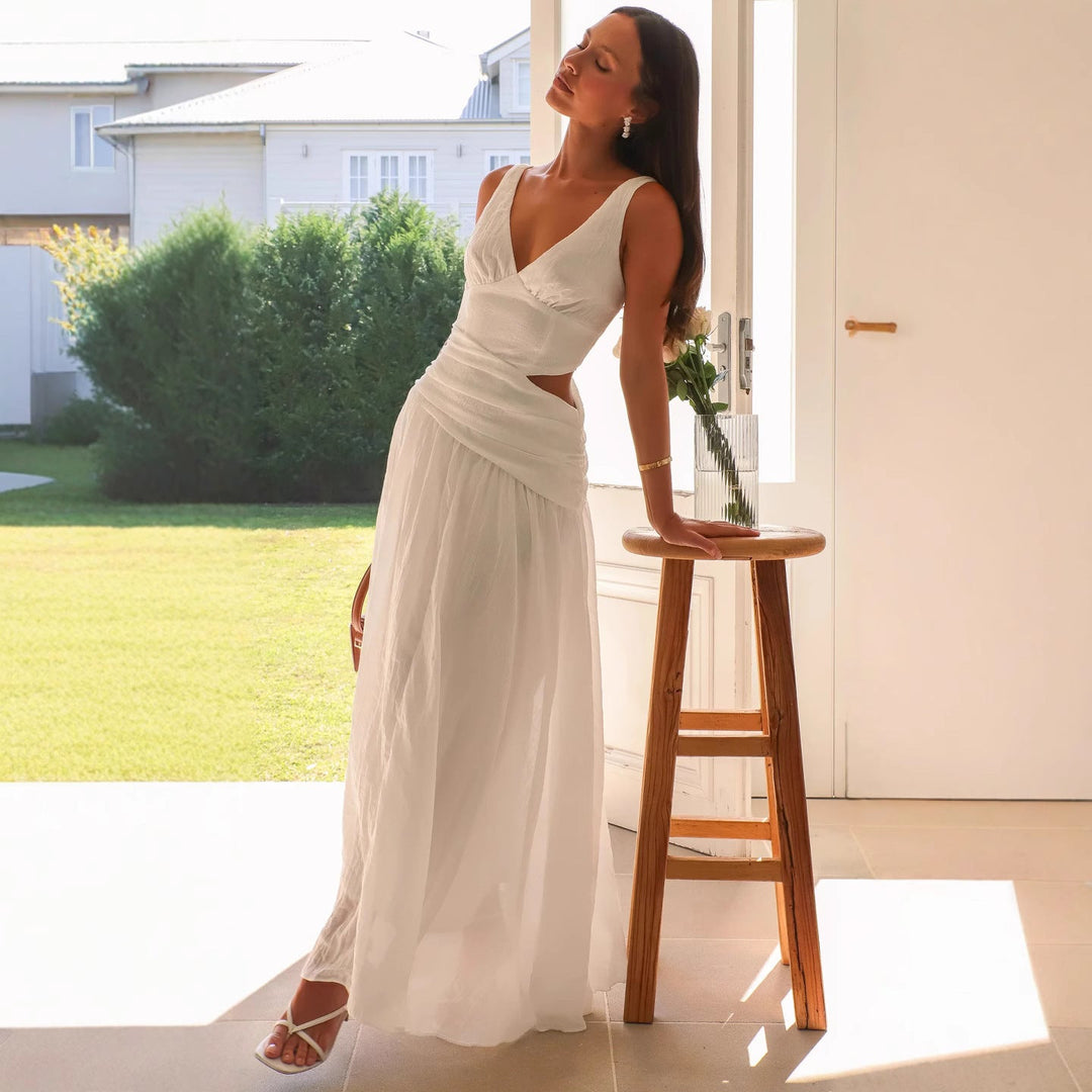 Women's V-Neck Drop Waist Maxi Dress – Side Cut-Out Open Back Gathered Skirt