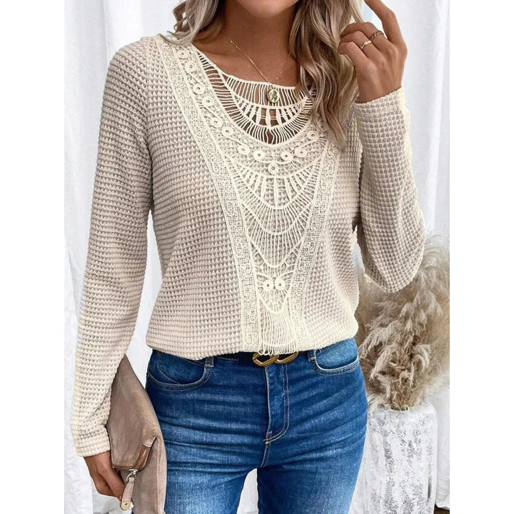 Women's Lace Panel Knit Top – Long Sleeve Round Neck