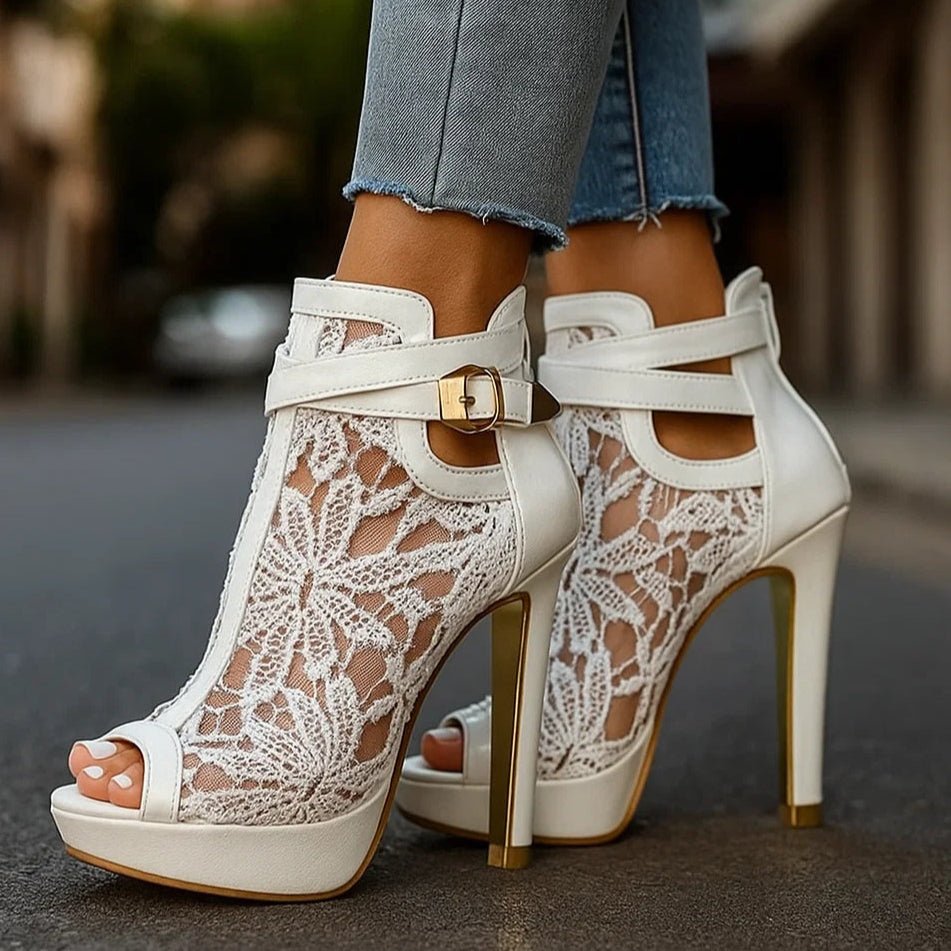 Peep-Toe Stiletto Ankle Boot – Lace Floral &amp; Ankle Strap