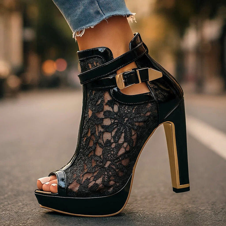Peep-Toe Stiletto Ankle Boot – Lace Floral &amp; Ankle Strap