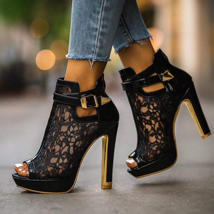 Peep-Toe Stiletto Ankle Boot – Lace Floral &amp; Ankle Strap