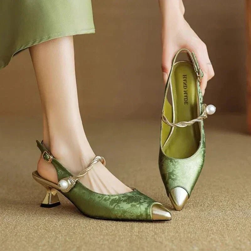 Kitten Heel Slingback Pumps – Pointed Toe Jacquard &amp; Pearl Strap