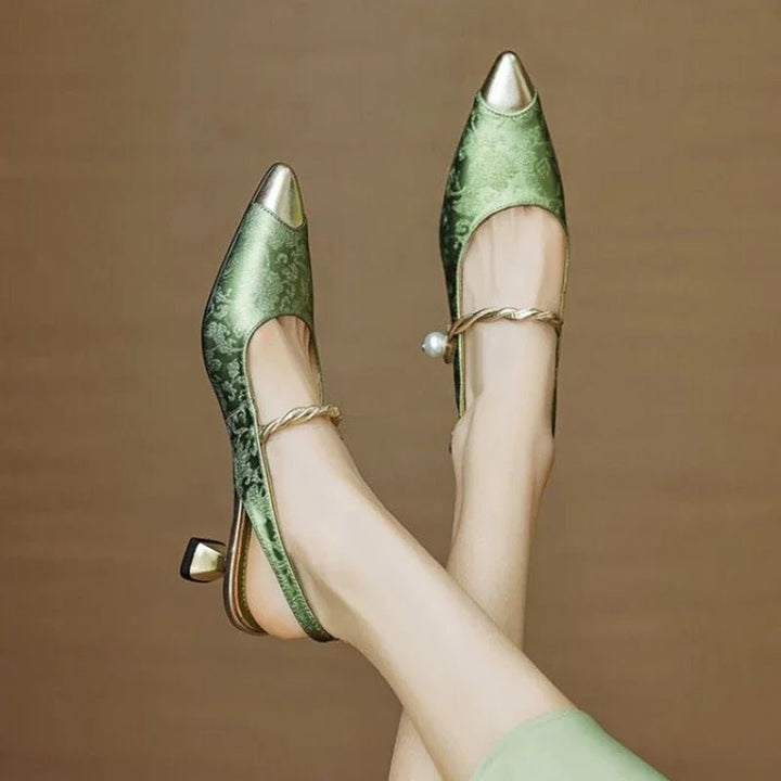 Kitten Heel Slingback Pumps – Pointed Toe Jacquard &amp; Pearl Strap