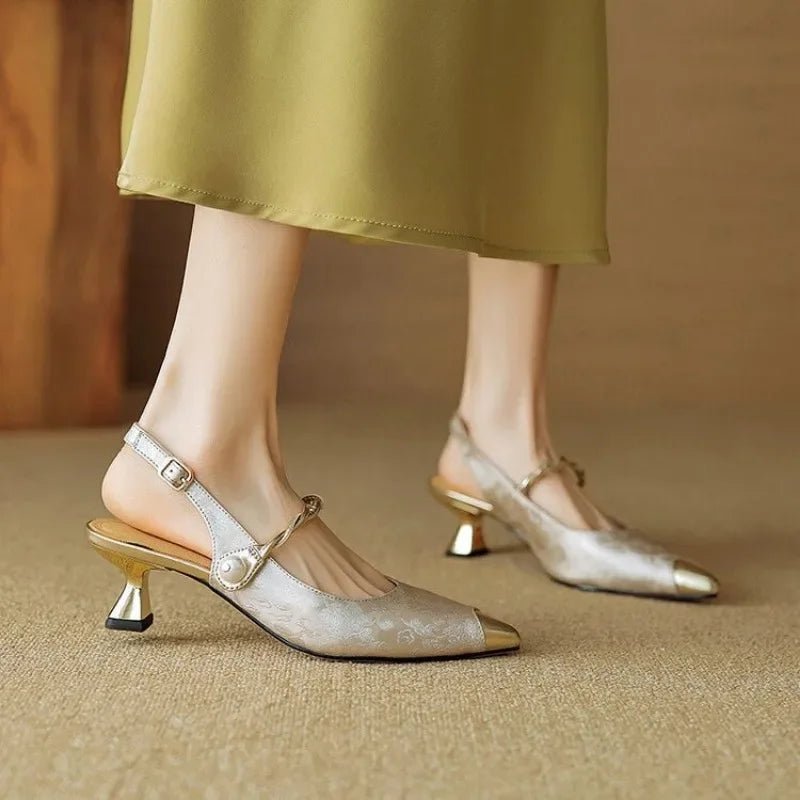 Kitten Heel Slingback Pumps – Pointed Toe Jacquard &amp; Pearl Strap