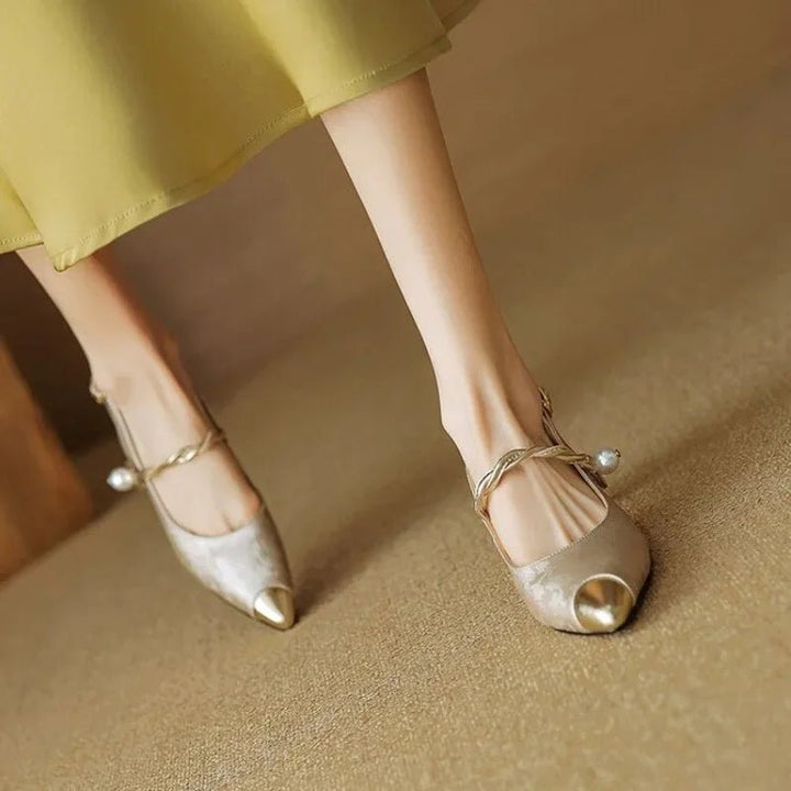Kitten Heel Slingback Pumps – Pointed Toe Jacquard &amp; Pearl Strap