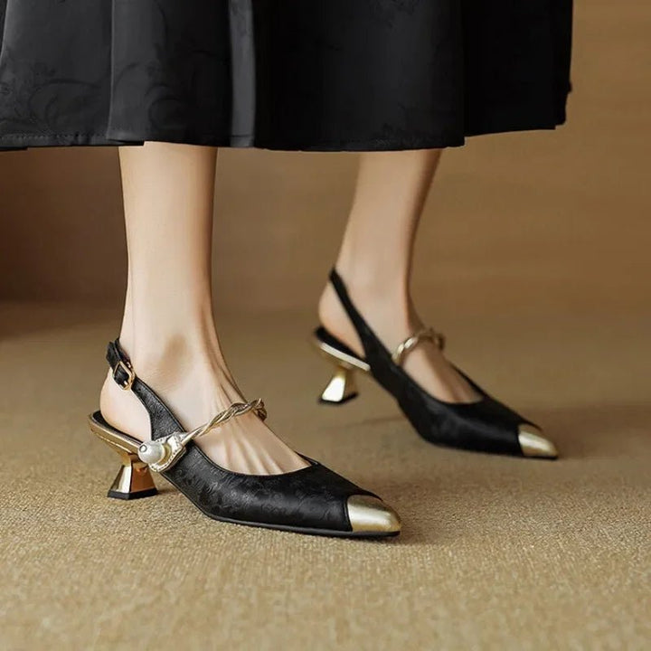 Kitten Heel Slingback Pumps – Pointed Toe Jacquard &amp; Pearl Strap