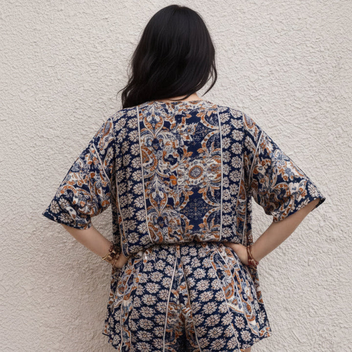 Women's Two Piece Set – Printed Kimono & Shorts Boho Fit