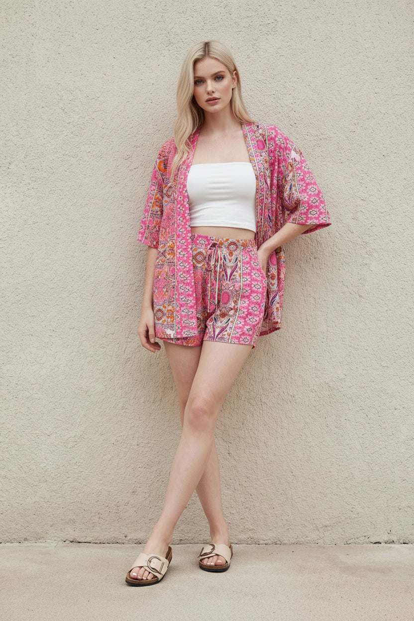 Women's Two Piece Set – Printed Kimono & Shorts Boho Fit