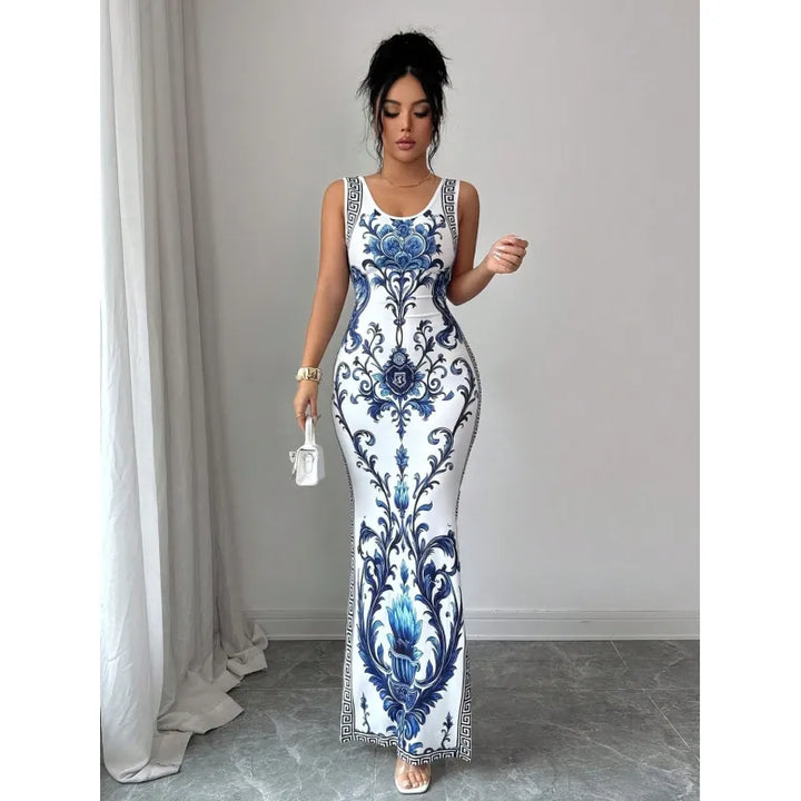 Floral Bodycon Maxi Dress – Greek Key Border &amp; Thigh Slit