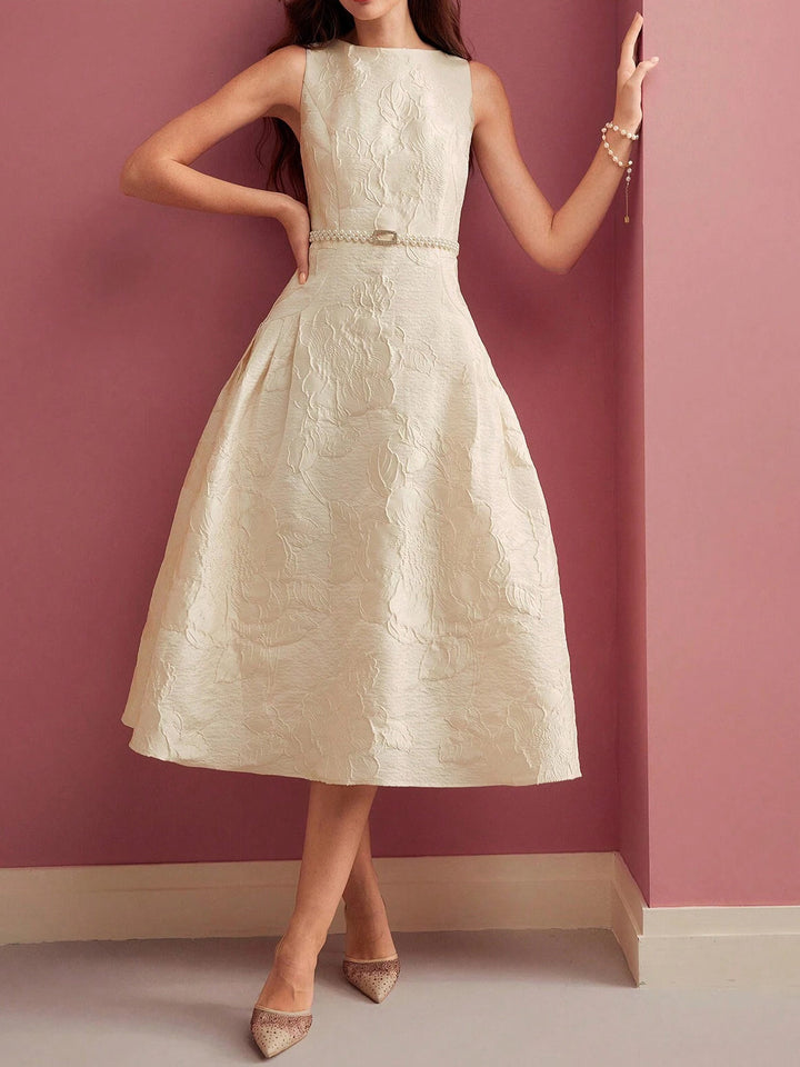 Women's Jacquard Floral A-Line Midi Dress – Boat Neck Pearl Belt