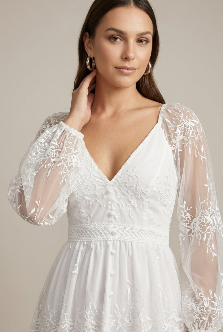 Women's Embroidered Lace Maxi Dress – V-Neck Tiered Sleeves
