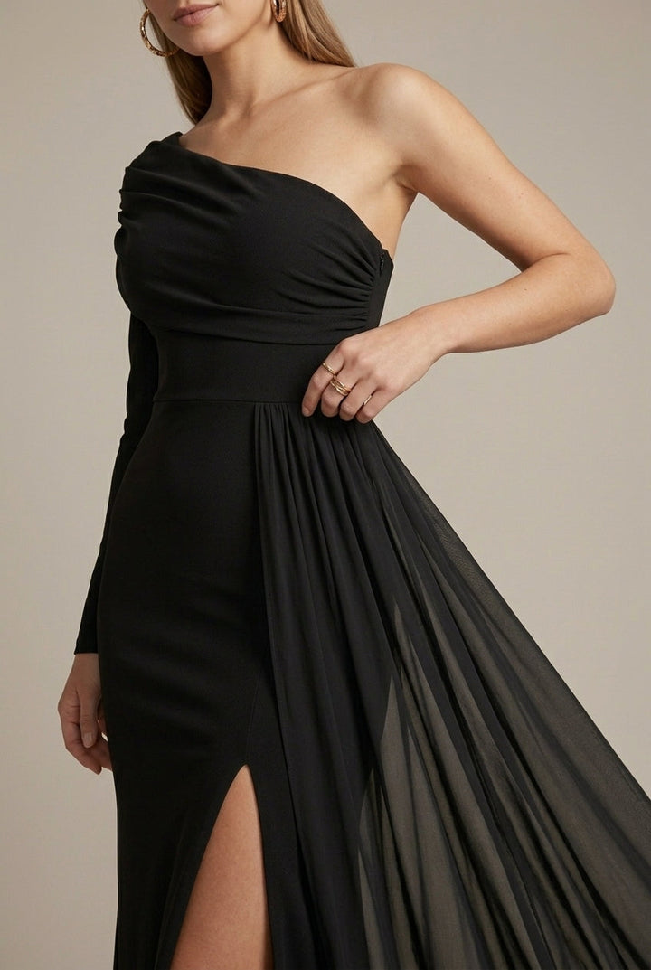 Women's Off Shoulder Fishtail Maxi Dress – Slant Neck Long Sleeve