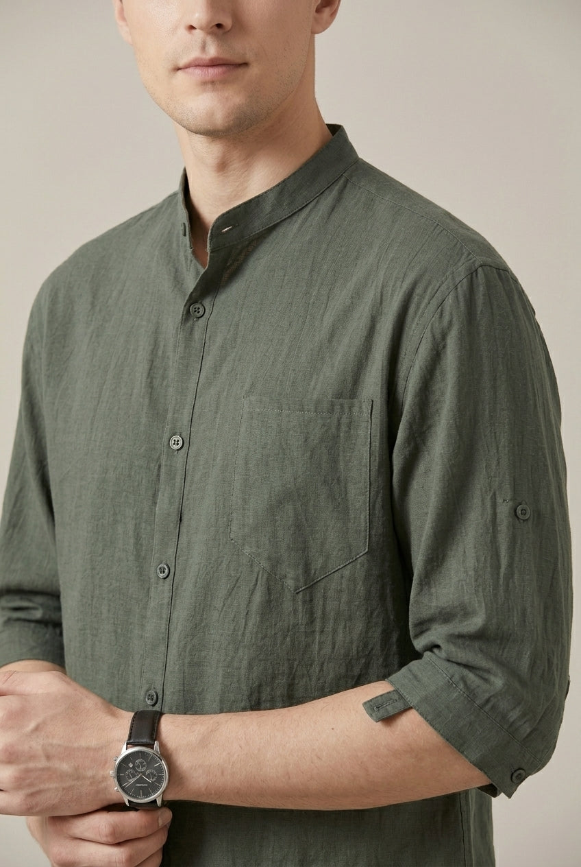 Men's Cotton Linen Blend Shirt – Band Collar Three-Quarter Sleeve