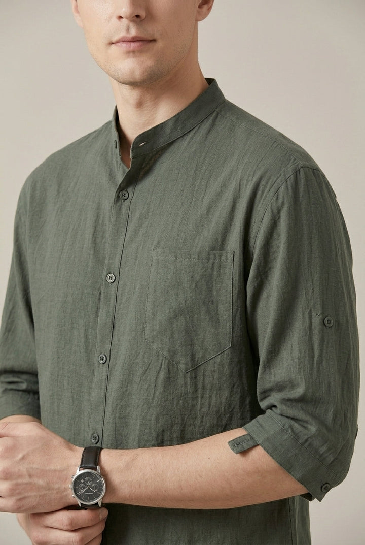 Men's Cotton Linen Blend Shirt – Band Collar Three-Quarter Sleeve