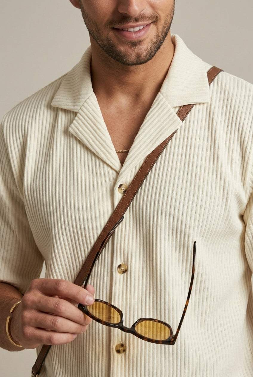 Men's Ribbed Two Piece Set – Short Sleeve Shirt & Drawstring Trousers