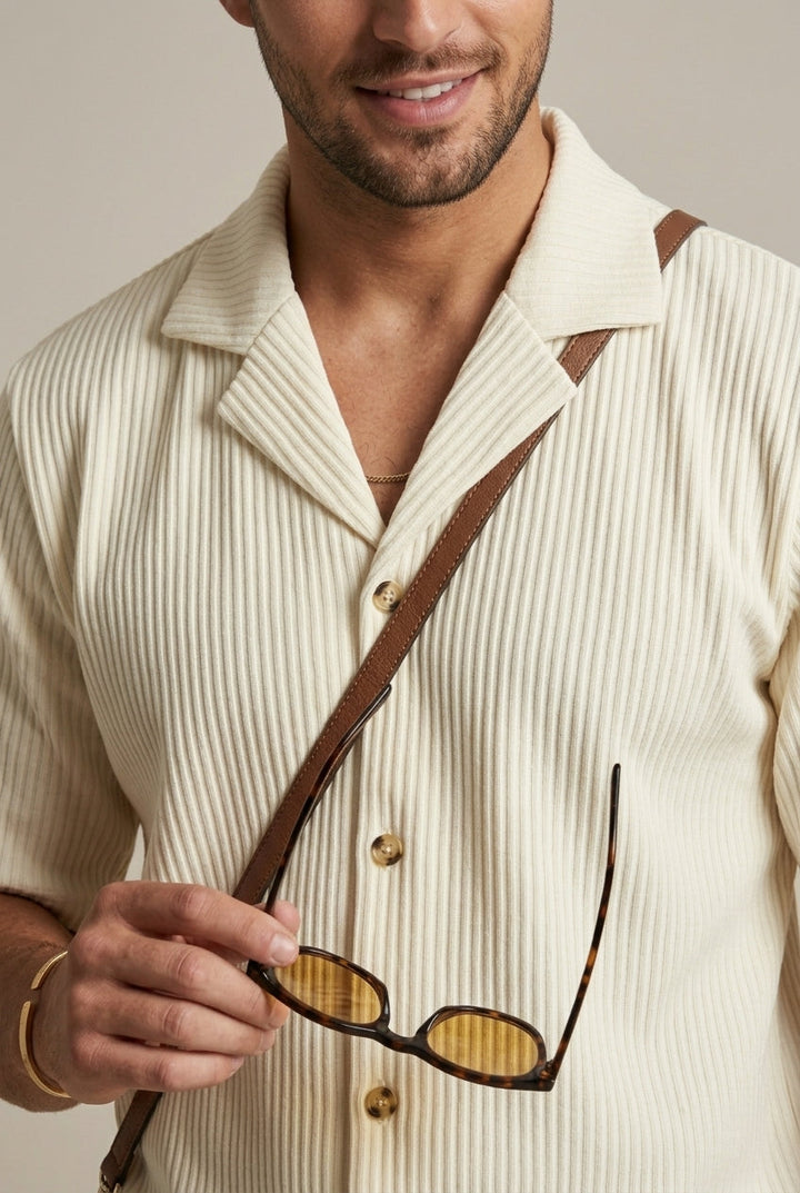 Men's Ribbed Two Piece Set – Short Sleeve Shirt & Drawstring Trousers