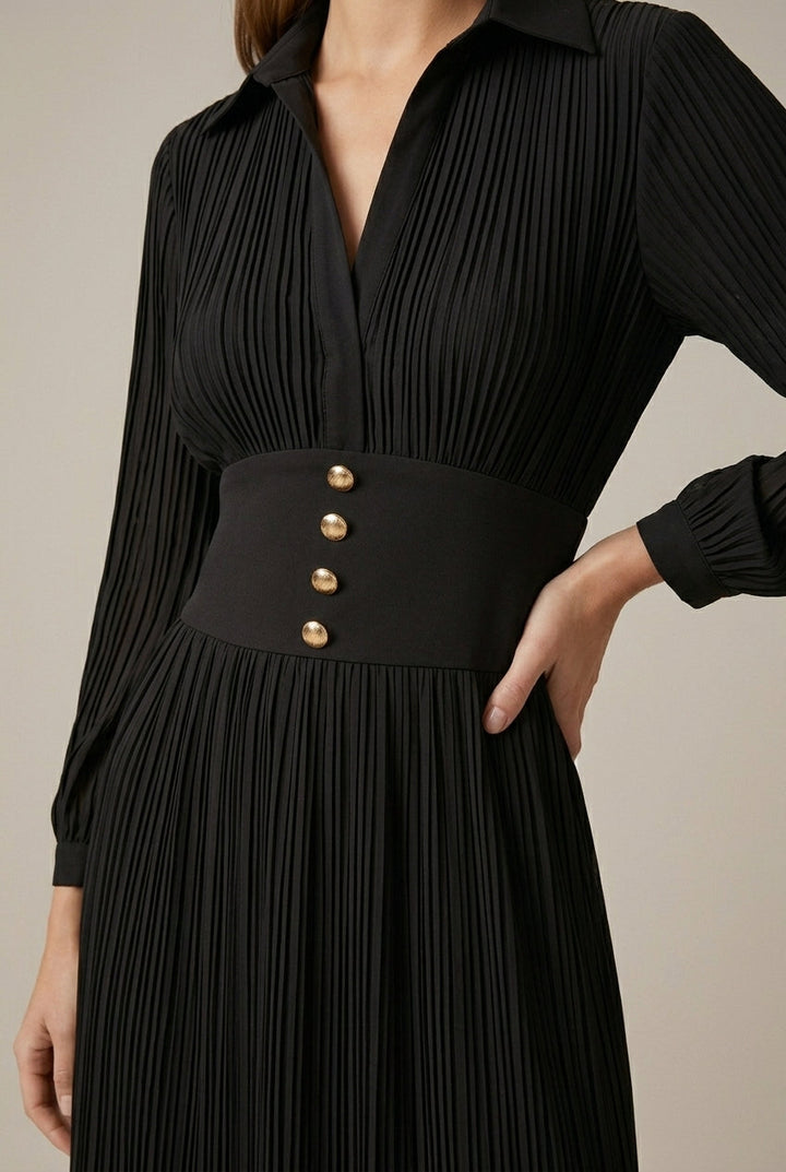 Women's Pleated Maxi Dress – V-Neck Long Sleeve Button Waist