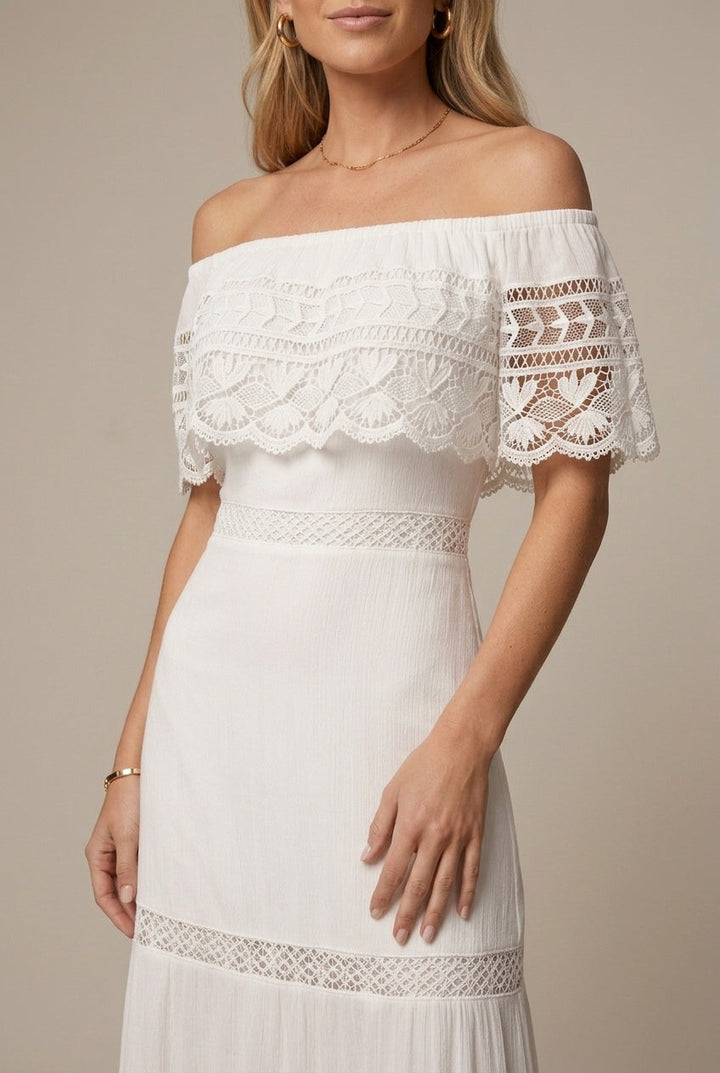 Women's Off Shoulder Lace Maxi Dress – Tiered Ruffle Sleeves