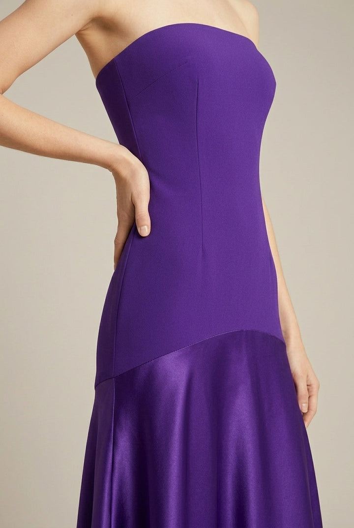 Women's Strapless Satin Maxi Dress Drop Waist – Evening Gown Back Slit