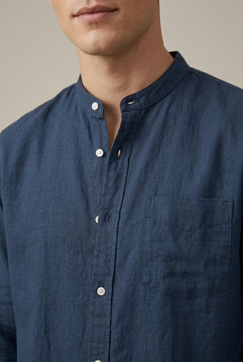 Men's Linen Blend Shirt – Band Collar Long Sleeve with Pocket