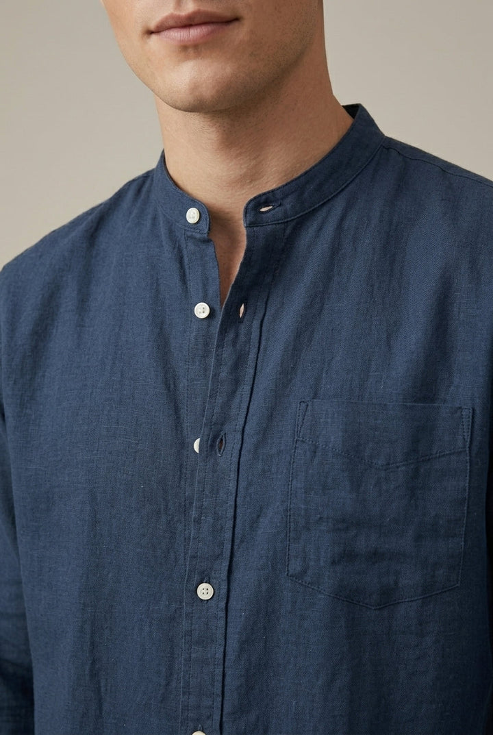 Men's Linen Blend Shirt – Band Collar Long Sleeve with Pocket