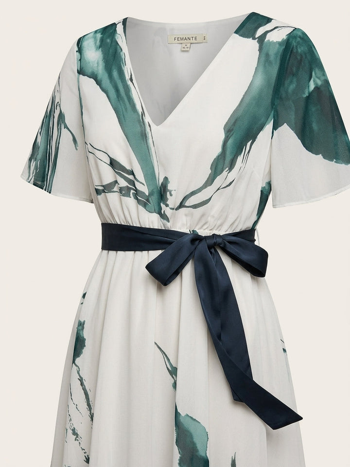 Women's Abstract Print Wrap Maxi Dress – Tie Waist V-Neck