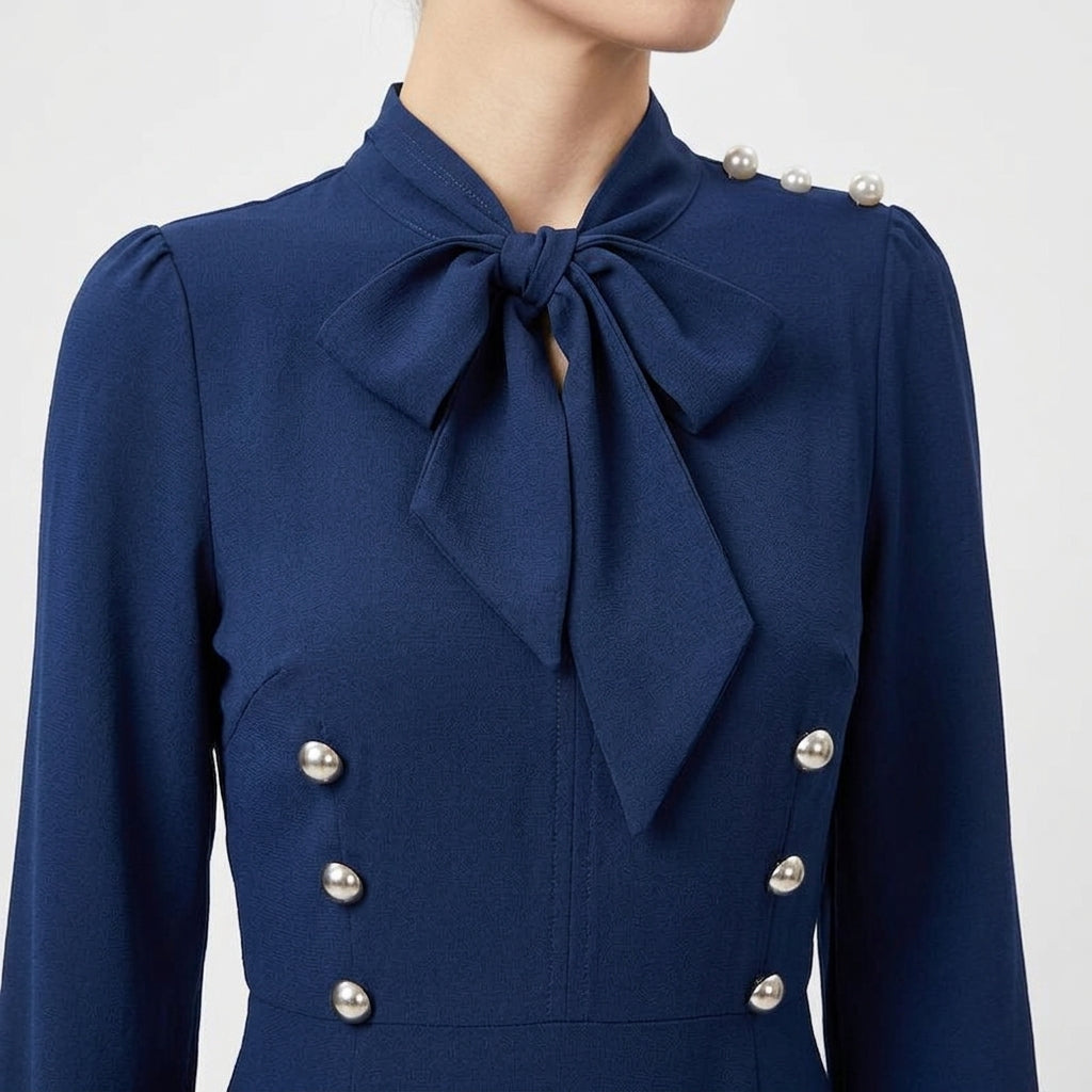 Women's Midi Dress – A-Line Tie Waist & Bow Neckline