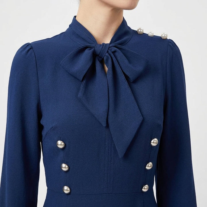 Women's Midi Dress – A-Line Tie Waist & Bow Neckline