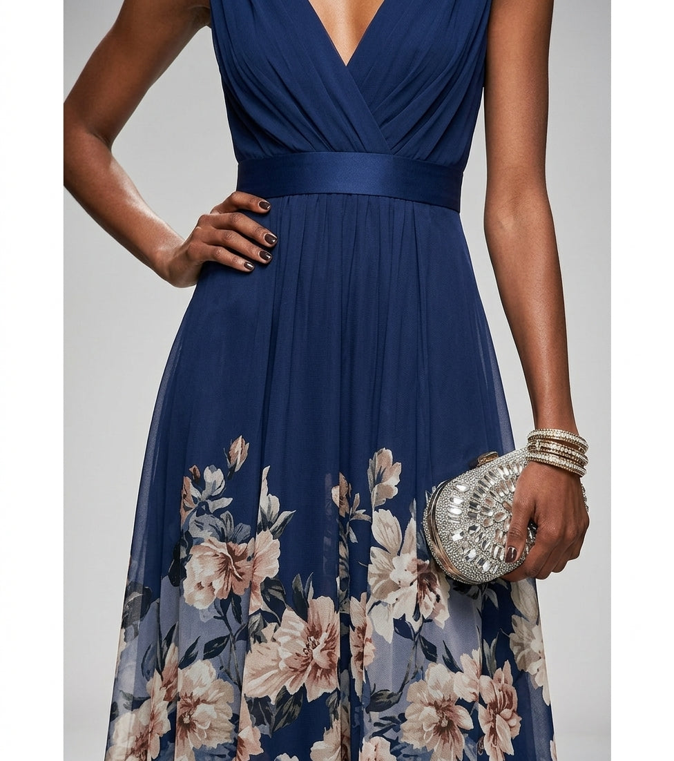 Women's Floral Border Print Maxi Dress – V-Neck Sleeveless