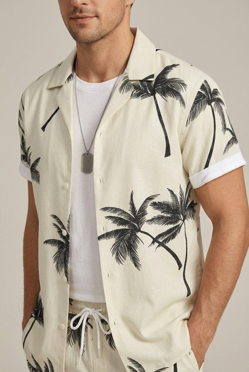 Men's Two Piece Set – Palm Print Shirt & Drawstring Shorts