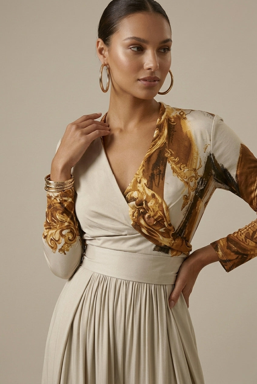 Women's Abstract Print Jumpsuit – V-Neck Wide Leg Long Sleeve