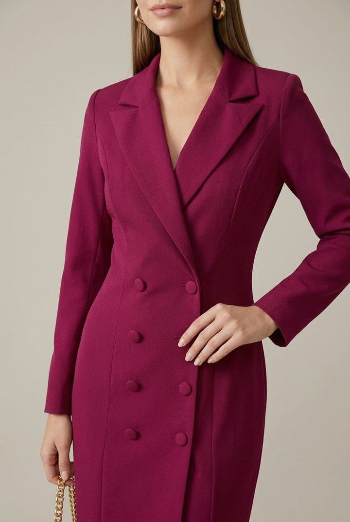 Women's Blazer Dress – Double-Breasted Notch Lapel Knee-Length