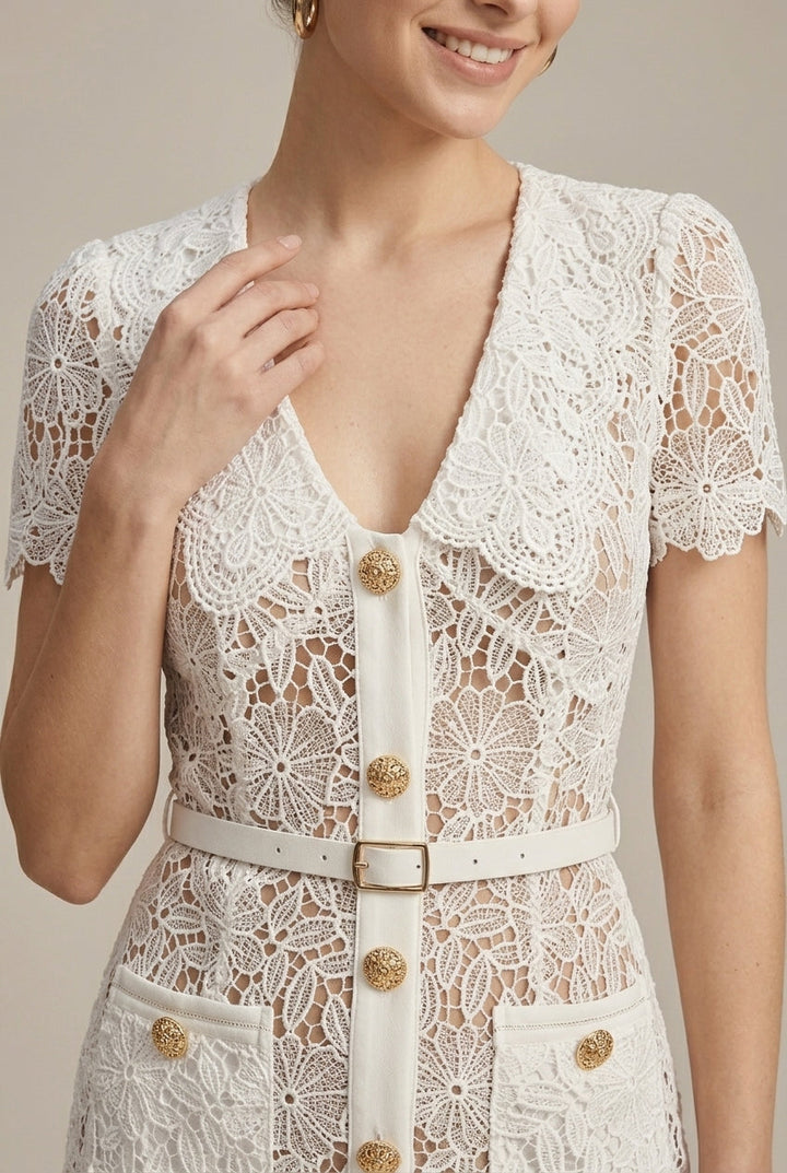 Women's Lace Midi Dress – Button-Down V-Neck Short Sleeve