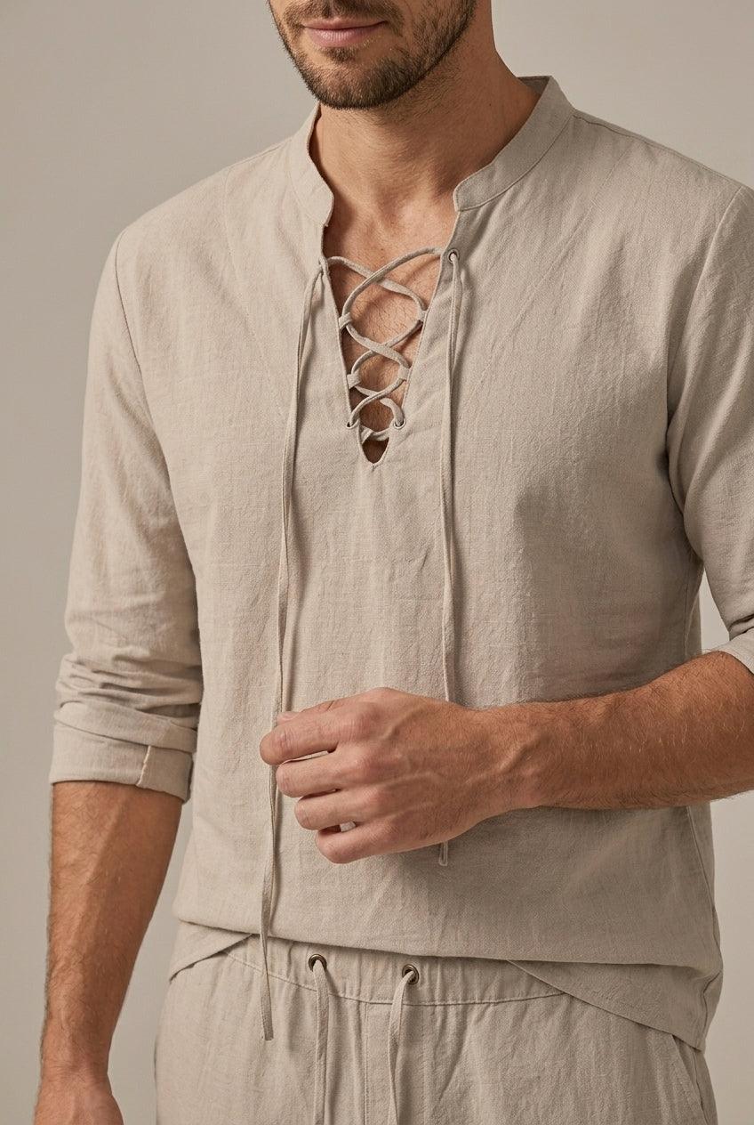 Men's Linen Two Piece Set – Lace-Up V-Neck Long Sleeve