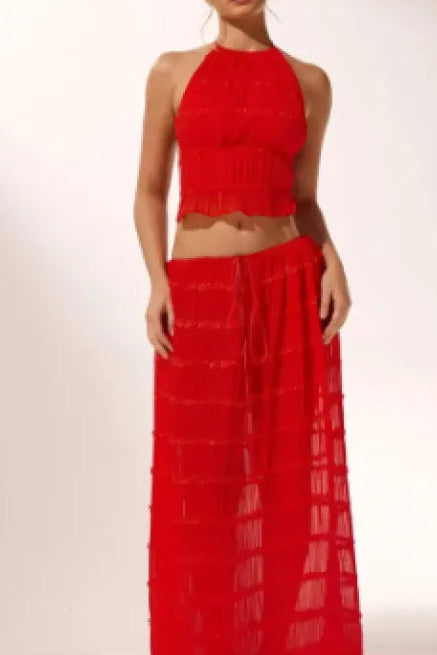 Two Piece Set Women – Ruched Crop Top &amp; Tiered Maxi Skirt