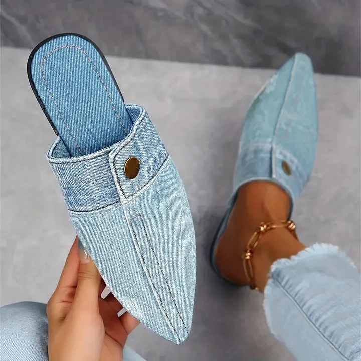 Denim Pointed Toe Flat Mules for Women – Slip-On Shoe