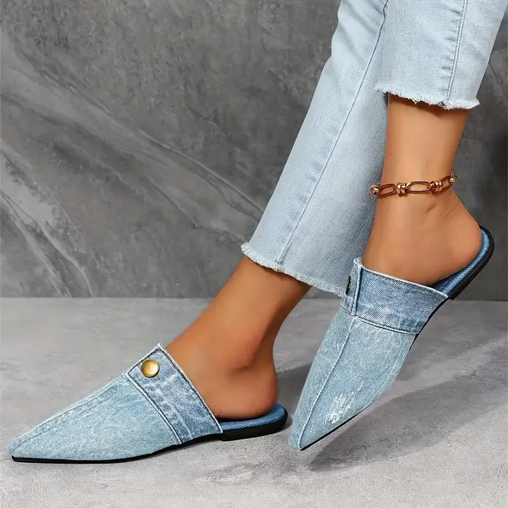 Denim Pointed Toe Flat Mules for Women – Slip-On Shoe