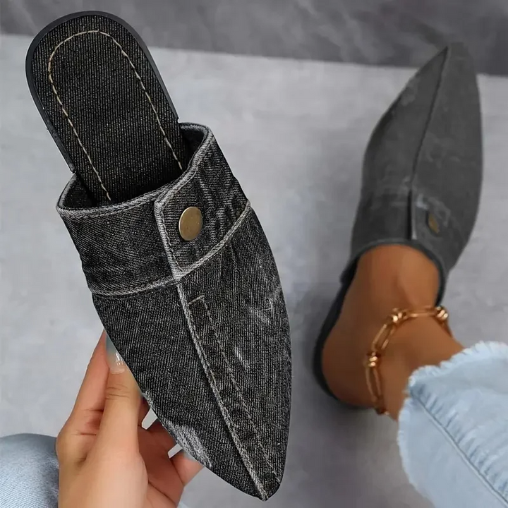 Denim Pointed Toe Flat Mules for Women – Slip-On Shoe