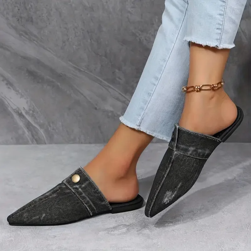 Denim Pointed Toe Flat Mules for Women – Slip-On Shoe