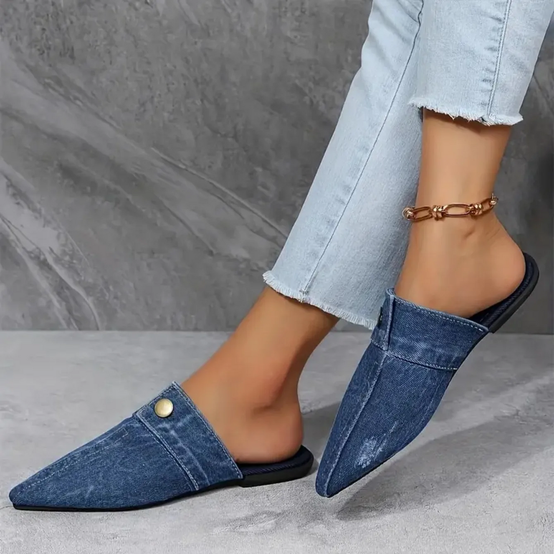 Denim Pointed Toe Flat Mules for Women – Slip-On Shoe