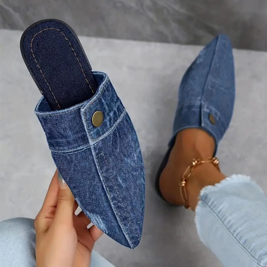 Denim Pointed Toe Flat Mules for Women – Slip-On Shoe
