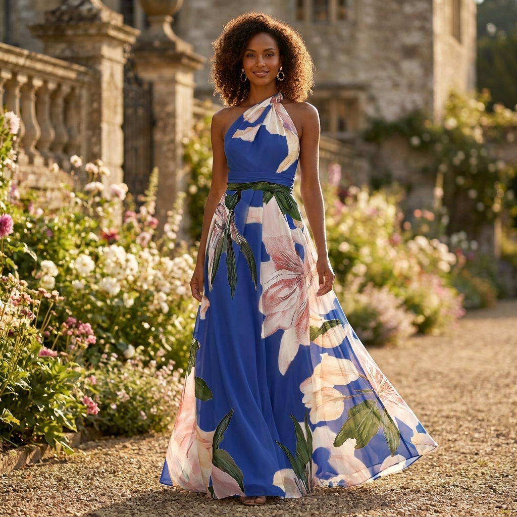 Women's Printed Halter Maxi Dress | Asymmetric Draped Floor-Length Style – Elegant Wedding Guest Maxi Dress