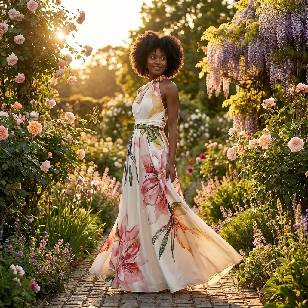 Halter Maxi Dress – Printed Asymmetric Draped Silhouette