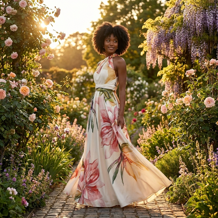 Halter Maxi Dress – Printed Asymmetric Draped Silhouette