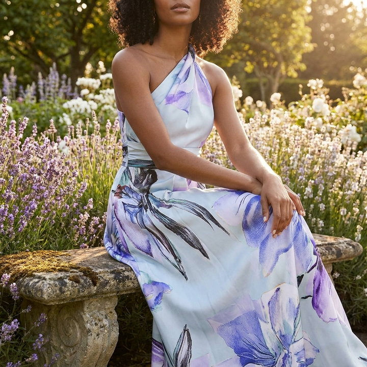 Halter Maxi Dress – Printed Asymmetric Draped Silhouette