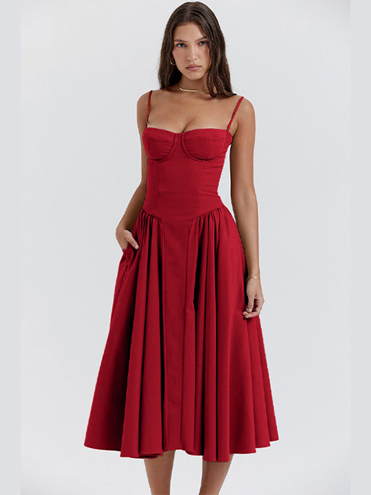 Women's Corset Bodice Midi Dress – Adjustable Straps Fitted Structured