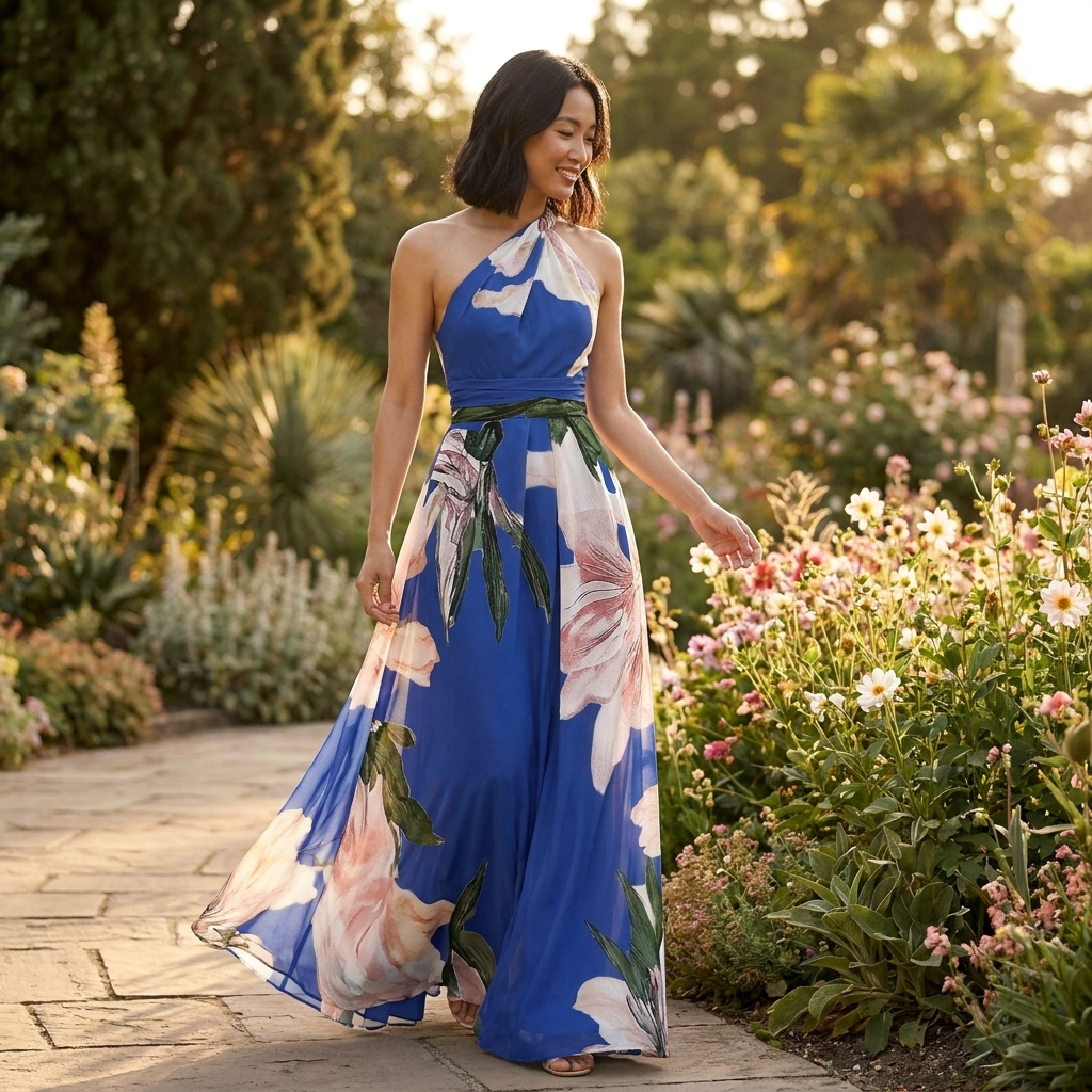 Halter Maxi Dress – Printed Asymmetric Draped Silhouette