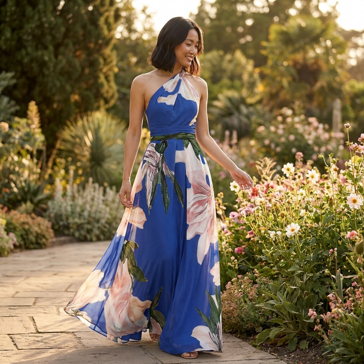 Halter Maxi Dress – Printed Asymmetric Draped Silhouette