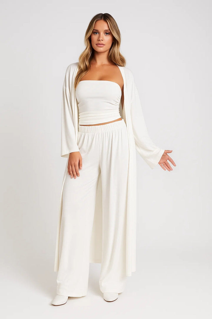 Women's Three-Piece Set – Cardigan, Wide-Leg Trousers & Strapless Top